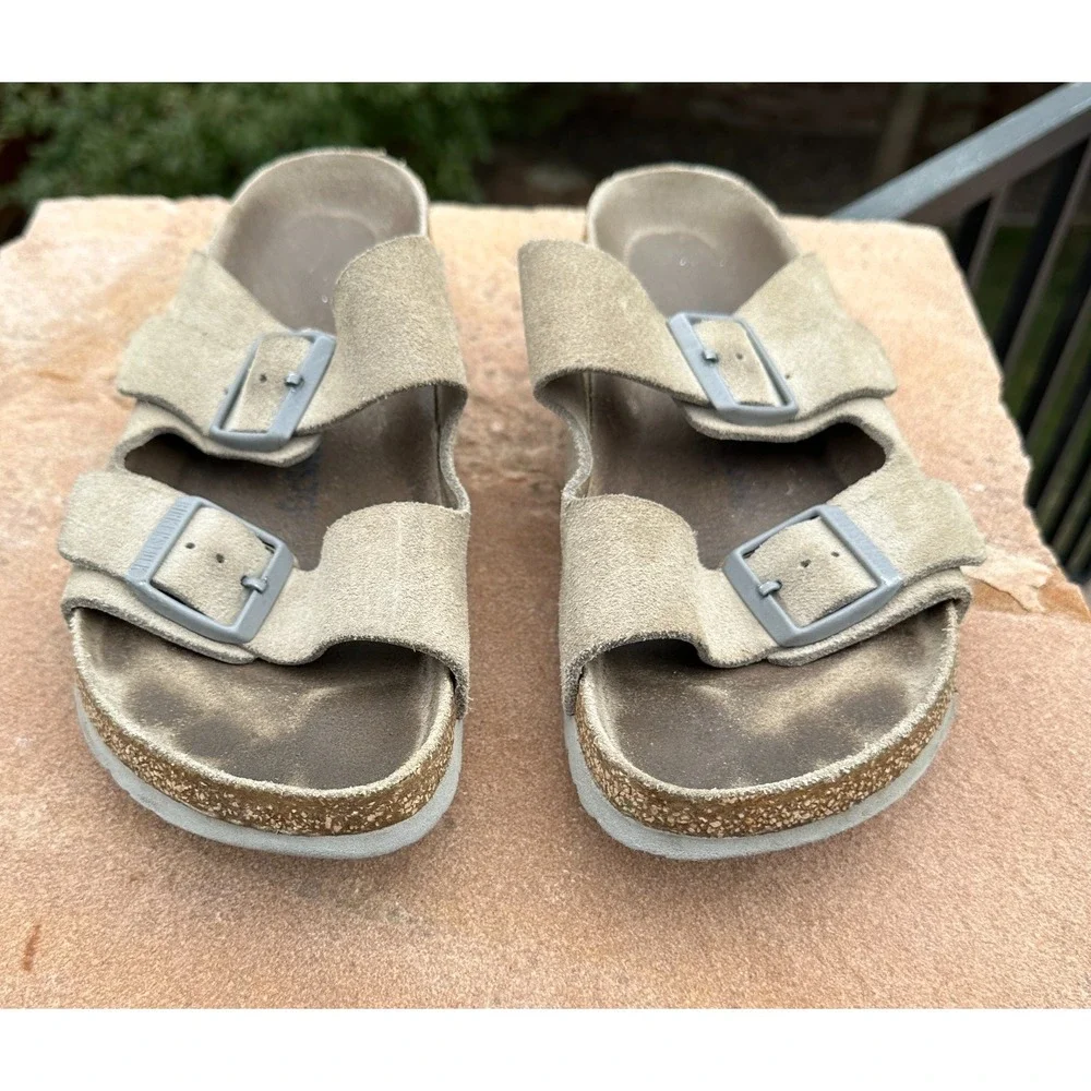 Birkenstock Arizona Sandals 41 Taupe Suede Men Slide Cork Footbed Comfort Buckle